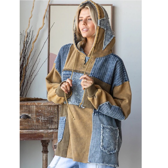 POL Patchwork Hoodie in Blue and Brown - Picture 2 of 7